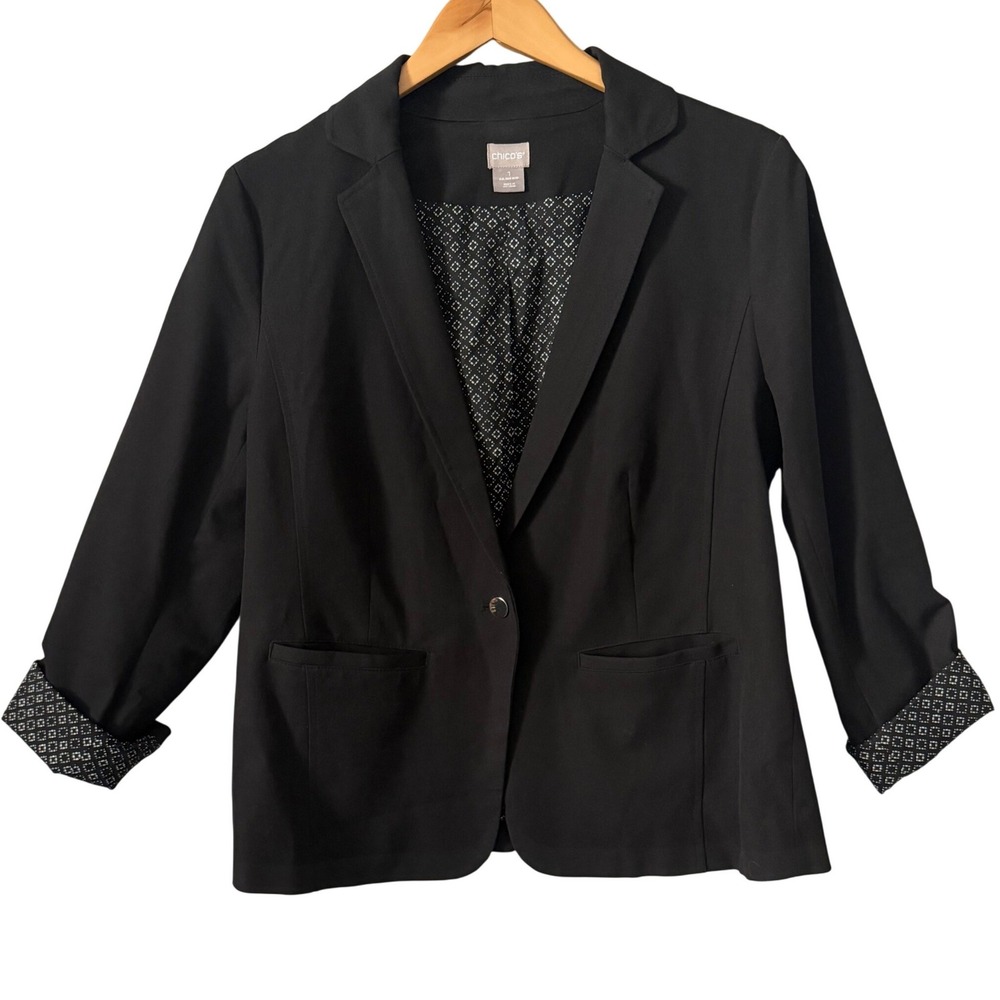 Chico's Black Single Button Blazer Cuffed Printed Sleeve Size 1 US 8/10 Career